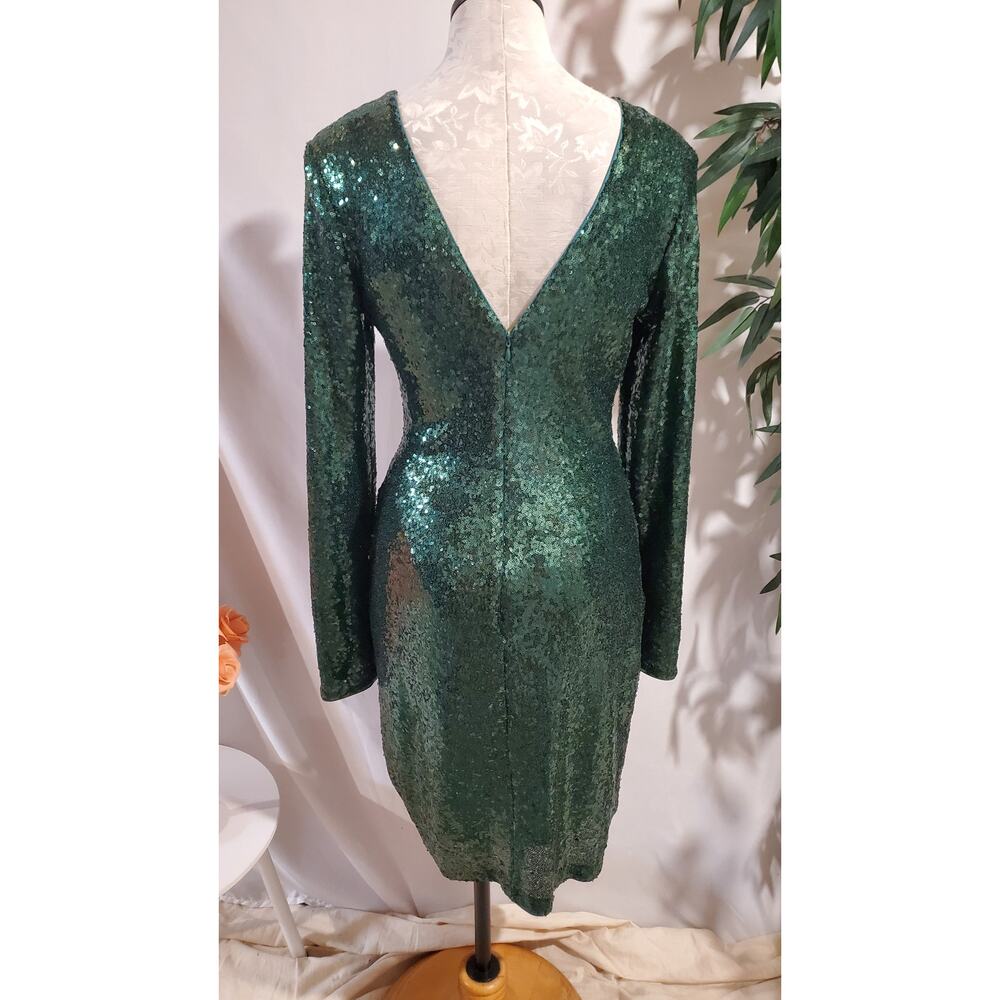 Guess Sequin Faux Wrap Twist V-Neck Long Sleeve Bodycon Dress Sz 8 Emerald Green - Picture 3 of 12